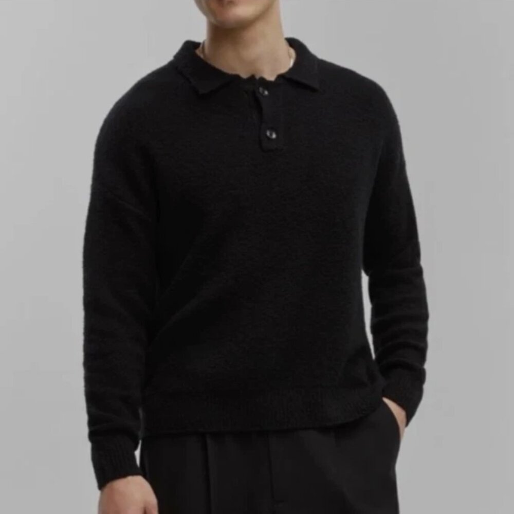Mode of One Mens Long Sleeve Polo Sweater in Deep Black Size M